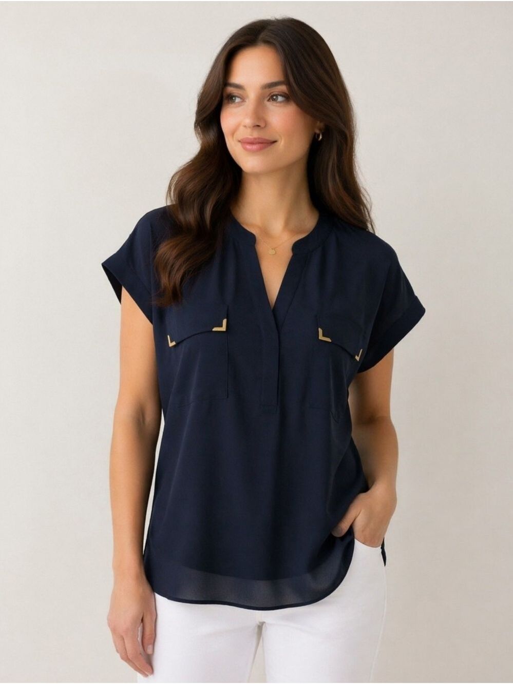New York & Company Navy Blue V-Neck High-Low Blouse Size Large
